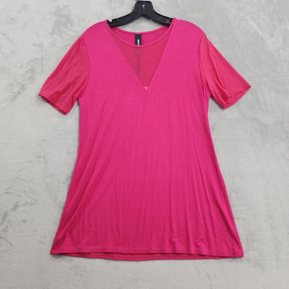 NEW Agnes & Dora Top Womens L Pink Sheer V-Neck Tee Short Sleeve Stretch Jersey